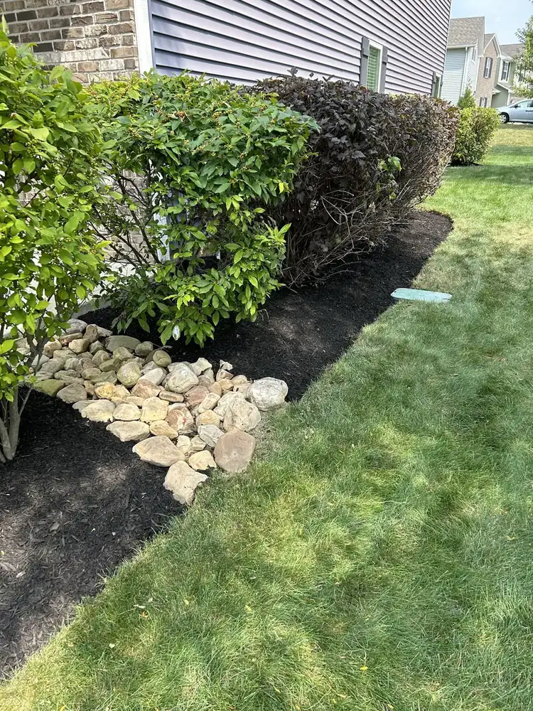 River rock accent beside a mulched shrub bed